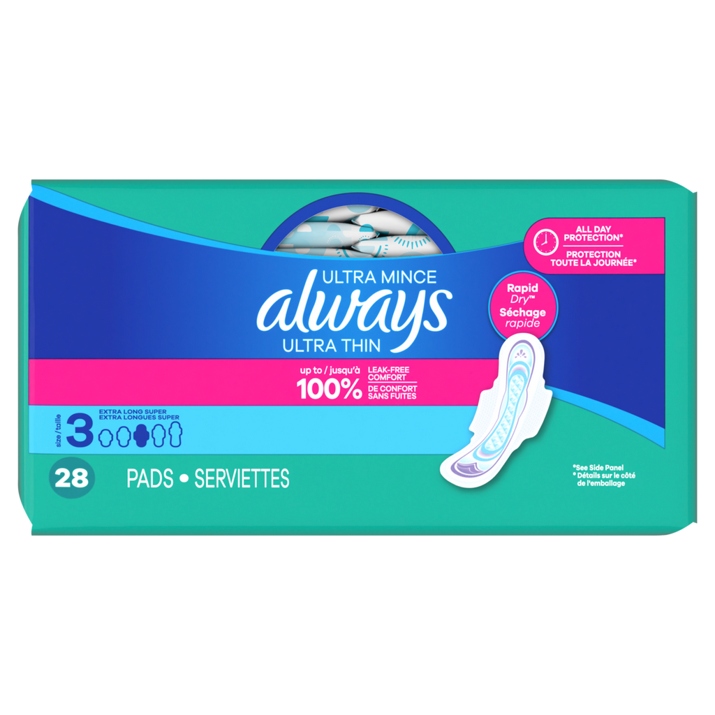 Always Ultra Thin Feminine Pads With Wings For Women Size 3 Extra Long Super Absorbency Unscented - 28ct/3pk