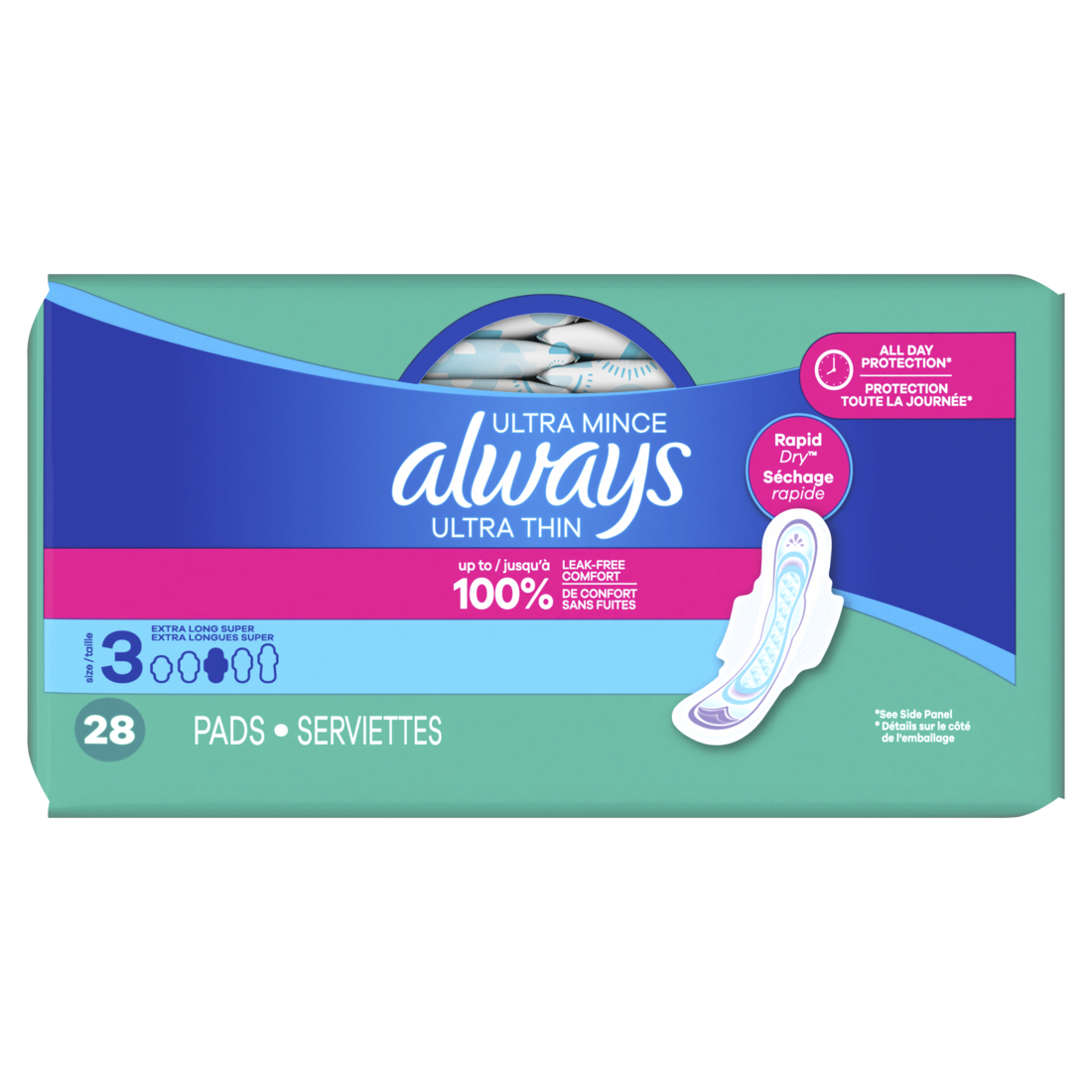 Always Ultra Thin Feminine Pads With Wings For Women Size 3 Extra Long Super Absorbency Unscented - 28ct/3pk