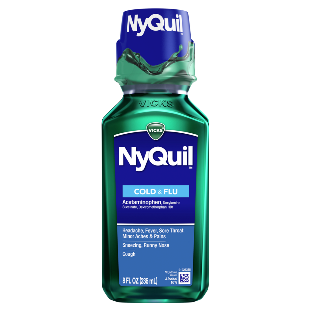 Vicks Nyquil Cold & Flu Relief Liquid Over-The-Counter Medicine Powerful Multi-Symptom Nighttime Relief For Headache Fever Sore Throat Minor Aches And Pains Sneezing Runny Nose And Cough - 8oz/12pk