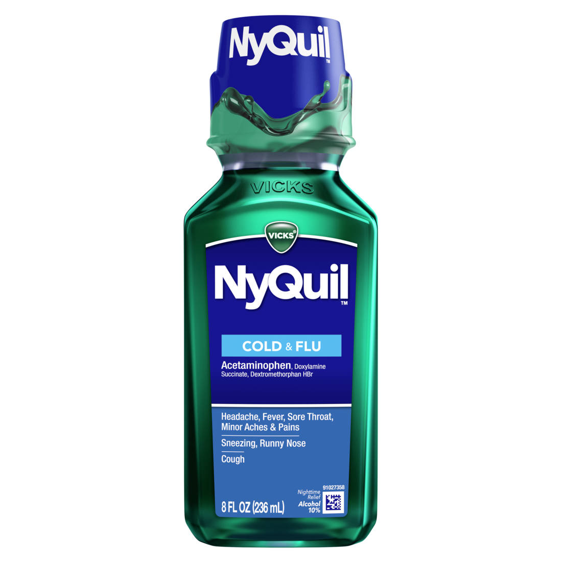 Vicks Nyquil Cold & Flu Relief Liquid Over-The-Counter Medicine Powerful Multi-Symptom Nighttime Relief For Headache Fever Sore Throat Minor Aches And Pains Sneezing Runny Nose And Cough - 8oz/12pk