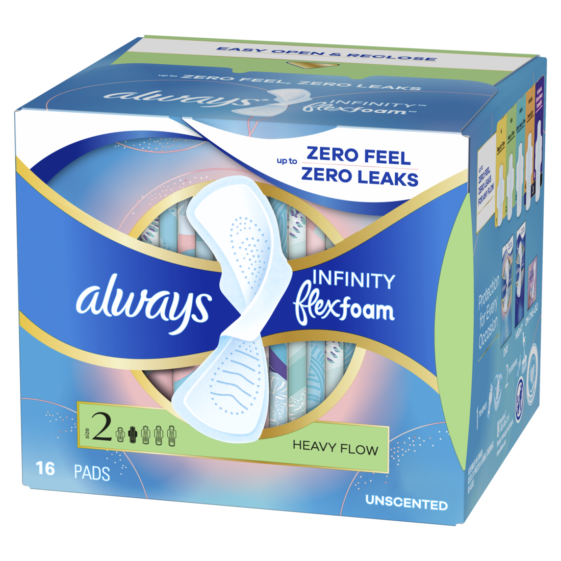 Always Infinity With Flexfoam Pads For Women Size 2 Heavy Absorbency With Wings Unscented - 16ct/12pk