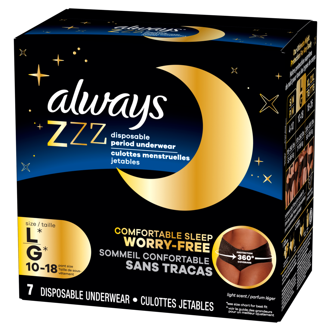 Always Zzzs Disposable Period Underwear Size L Absorbs 5X More Than An Ultra Thin Overnight Pad - 7ct/2pk