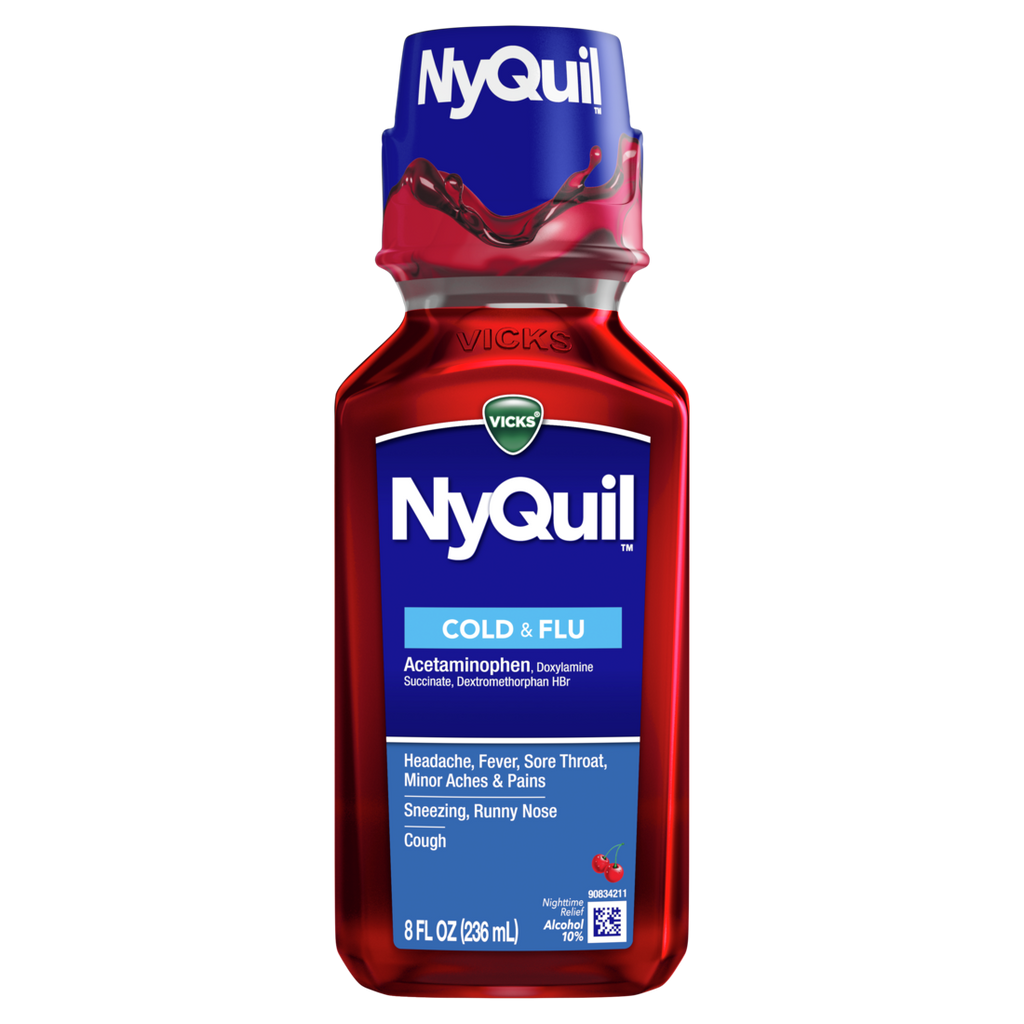 Vicks Nyquil Cherry Cold & Flu Relief Liquid Over-The-Counter Medicine Powerful Multi-Symptom Nighttime Relief For Headache Fever Sore Throat Minor Aches And Pains Sneezing Runny Nose And Cough Cherry Flavored - 8oz/12pk