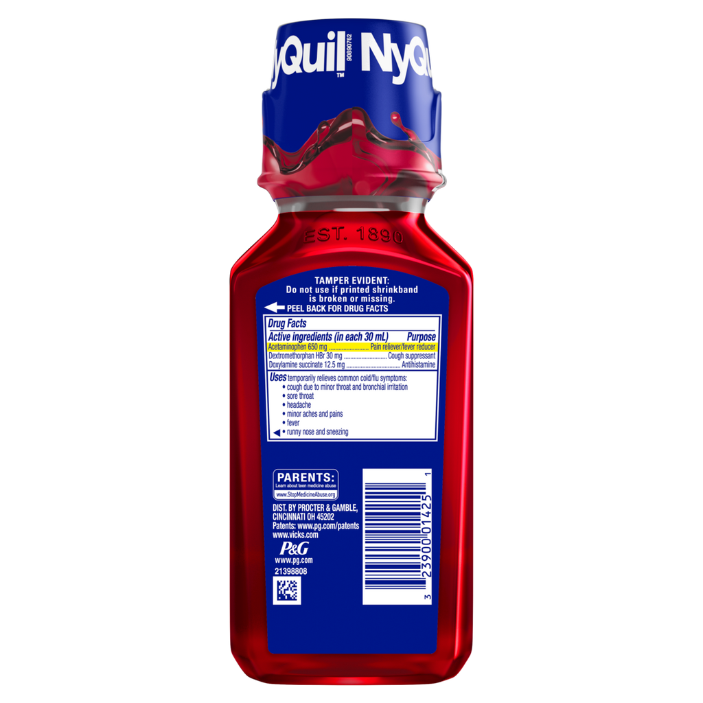 Vicks Nyquil Cherry Cold & Flu Relief Liquid Over-The-Counter Medicine Powerful Multi-Symptom Nighttime Relief For Headache Fever Sore Throat Minor Aches And Pains Sneezing Runny Nose And Cough Cherry Flavored - 8oz/12pk