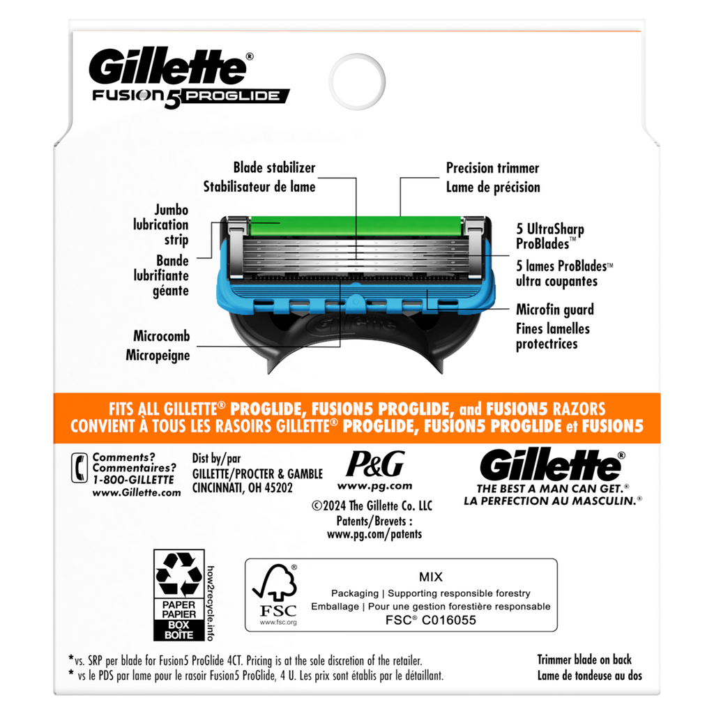 Gillette Fusion5 Proglide Razor Refills For Men Razor Cartridges For Flexball Razor Handle 5-Blade Razor Blades Precision Trimmer For Men - 8ct/6pk