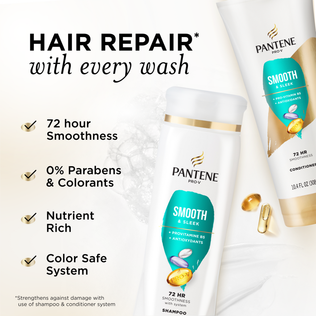 Pantene Smooth & Sleek 72 HR Smoothness Shampoo 12.0oz & Conditioner 10.4oz Dual Pack - (12.0+10.4)oz/4pk