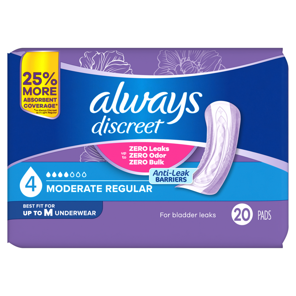 Always Discreet Adult Incontinence Pads For Women Moderate Absorbency Regular Length Postpartum Pads Size 4 - 20ct/3pk
