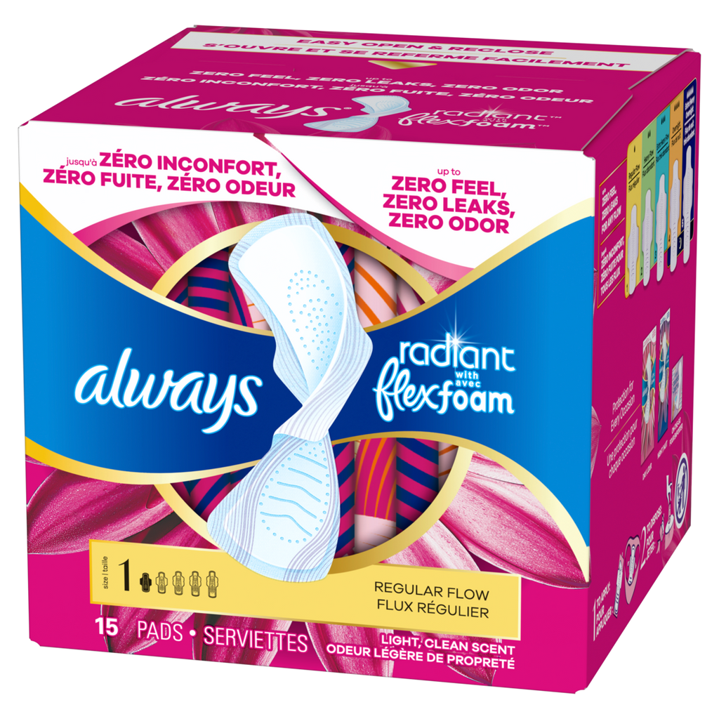 Always Radiant With Flexfoam Pads Size 1 Regular With Wings Light Clean Scent - 15ct/12pk