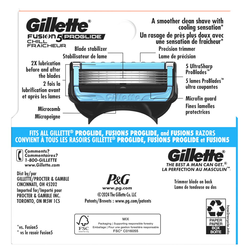 Gillette Fusion5 Proglide Chill Razor Refills 4 Razor Cartridges For Flexball Handle 5-Blade Razor Blades 2X Cooling Lubrication - 4ct/6pk