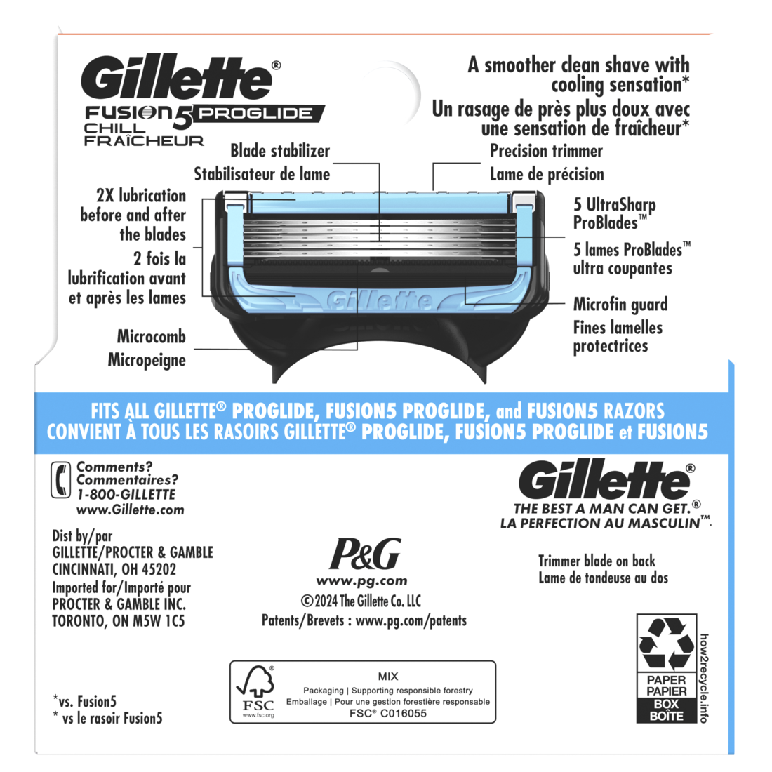 Gillette Fusion5 Proglide Chill Razor Refills 4 Razor Cartridges For Flexball Handle 5-Blade Razor Blades 2X Cooling Lubrication - 4ct/6pk