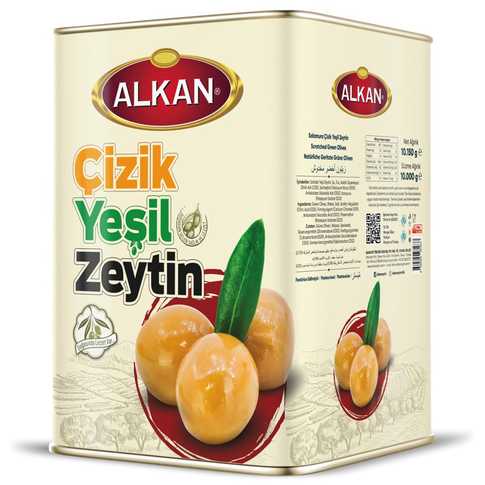 Alkan Edremit Scratched Green Olives M (261-290) Metal Tin - 10kg/1pk