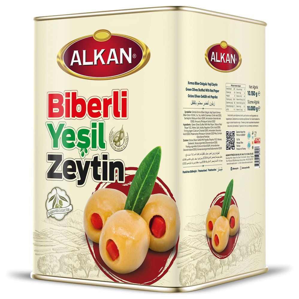 Alkan Green Olives Stuffed With Red Pepper XL (201-230) Metal Tin - 10kg/1pk