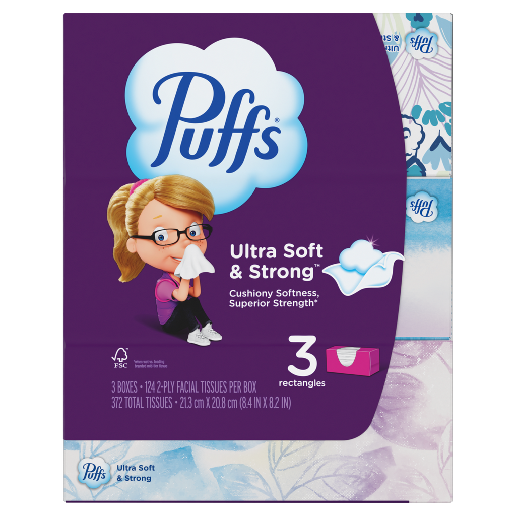 Puffs Ultra Soft Facial Tissues 3 Family Size Boxes 124 Facial Tissues Per Box - 372ct/8pk