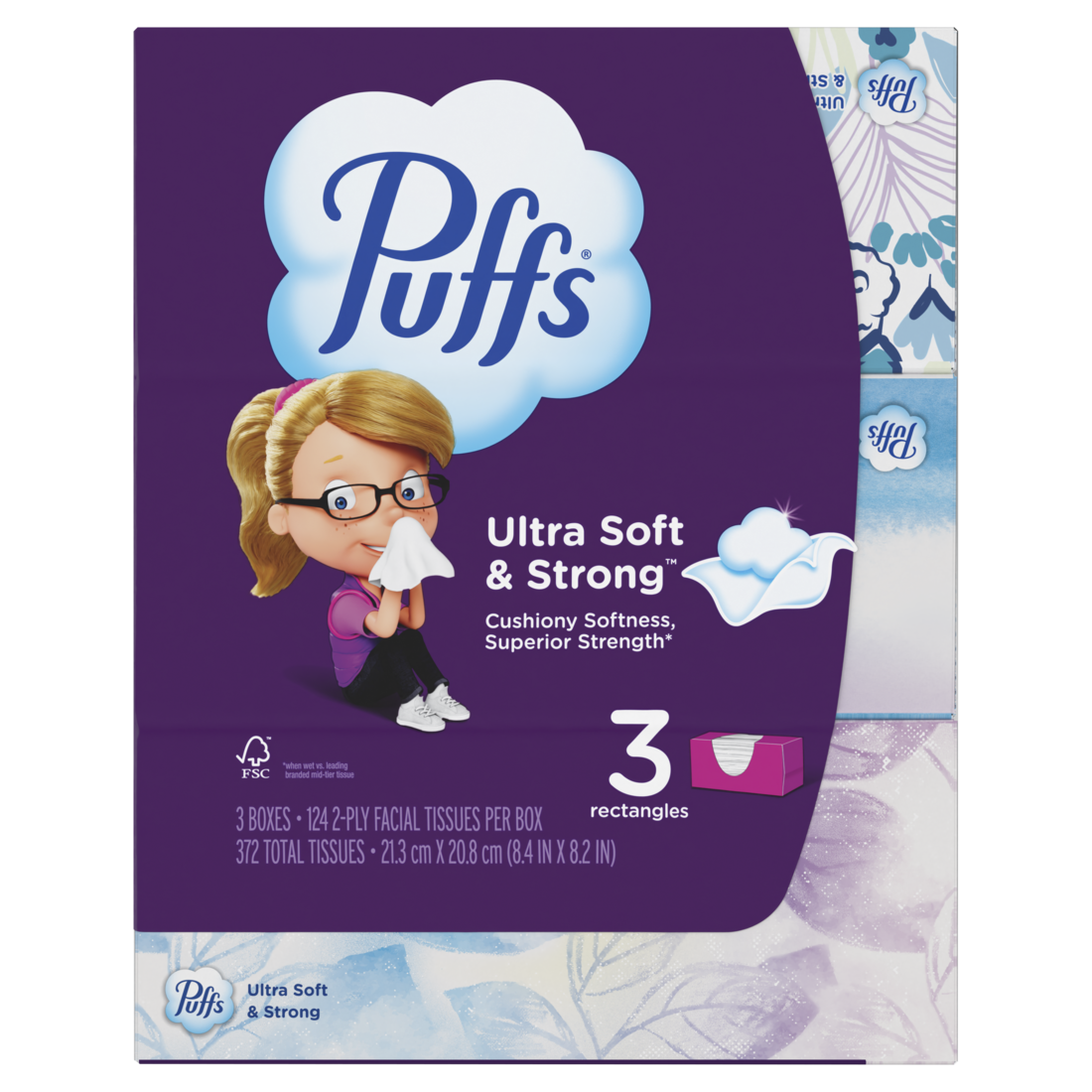Puffs Ultra Soft Facial Tissues 3 Family Size Boxes 124 Facial Tissues Per Box - 372ct/8pk