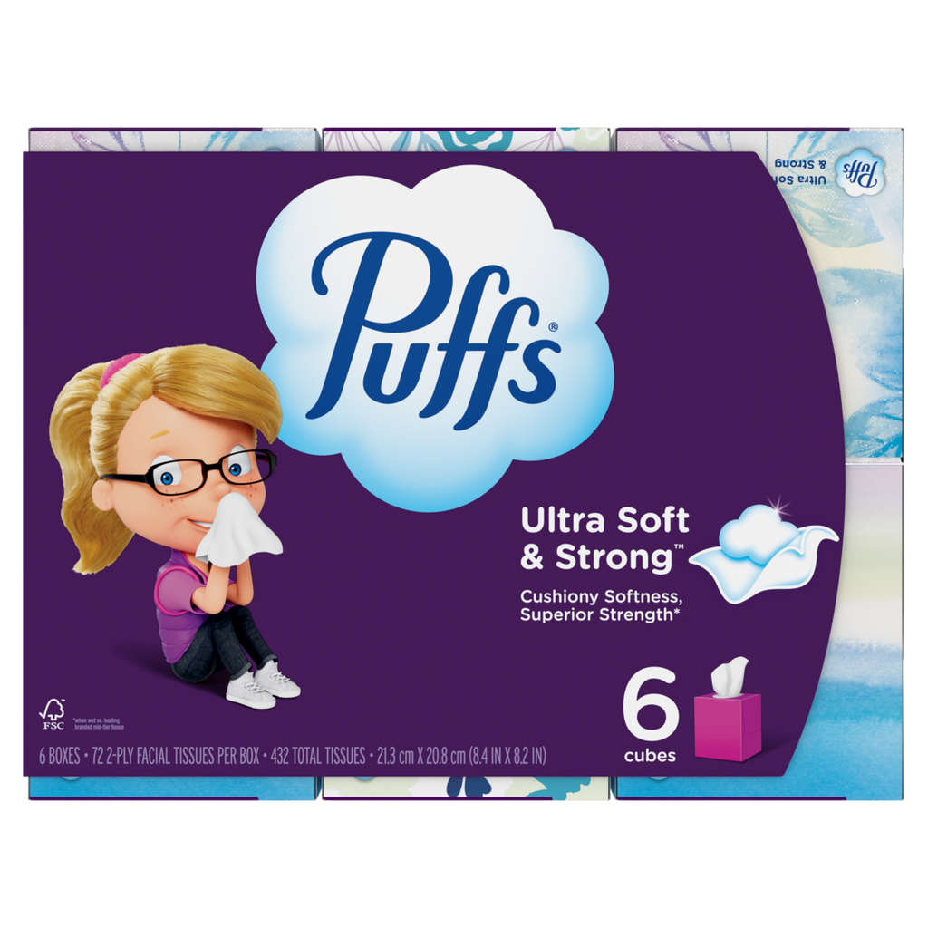 Puffs Ultra Soft Facial Tissues 6 Mega Cube Box 72 Facial Tissues Per Box - 432ct/4pk