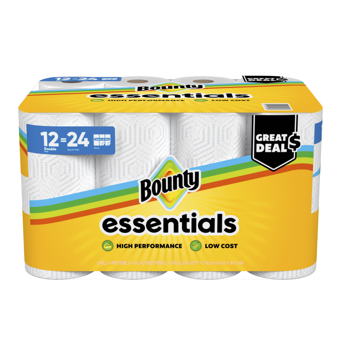 Bounty Paper Towels Essentials Select-A-Size 12 Double Rolls White 108 Sheets Per Roll - 12ct/1pk