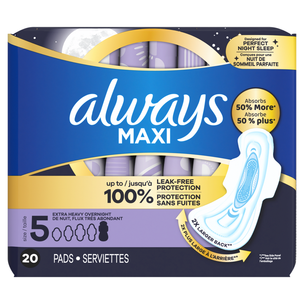 Always Maxi Overnight Pads With Wings For Women Size 5 Extra Heavy Overnight Absorbency Unscented - 20ct/6pk