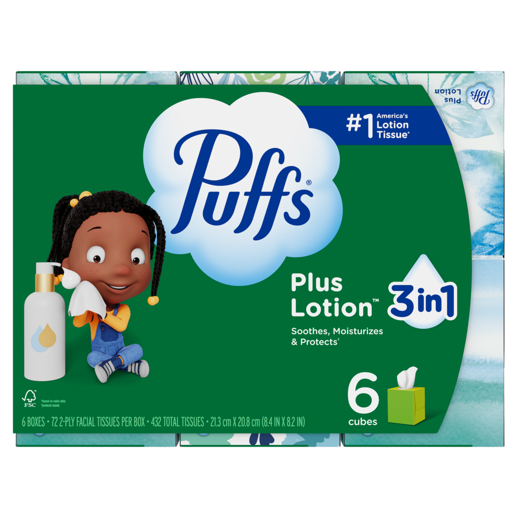 Puffs Plus Lotion Facial Tissue 6 Mega Cubes 72 Tissues Per Box - 432ct/4pk