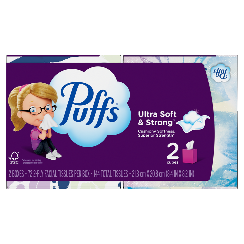 Puffs Ultra Soft Facial Tissues 2 Mega Cube Box 72 Facial Tissues Per Box - 144ct/12pk