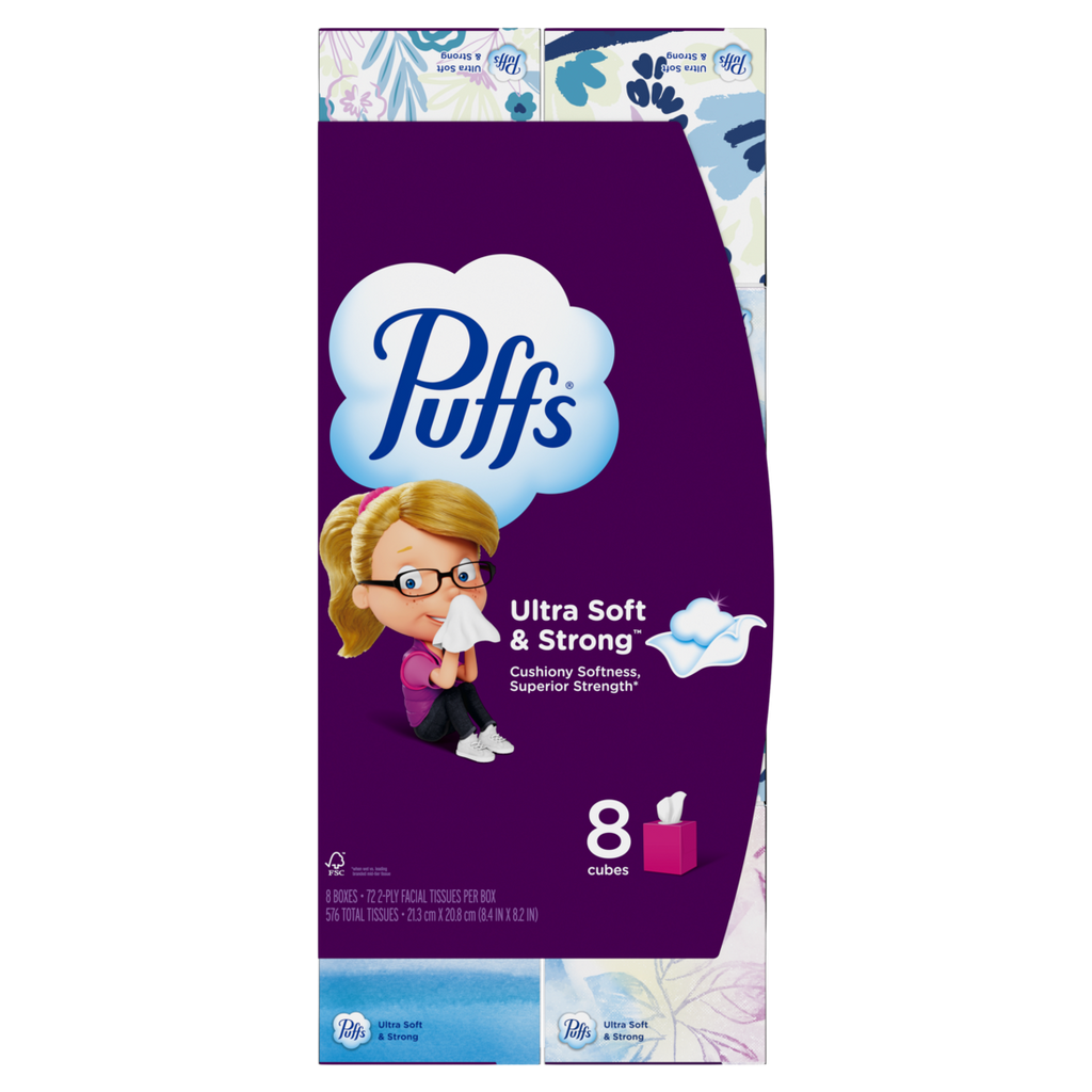 Puffs Ultra Soft Facial Tissues 8 Mega Cube Box 72 Facial Tissues Per Box - 576ct/3pk