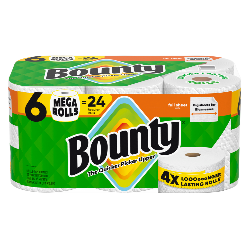 Bounty Paper Towels Full Sheet White 6 Mega Rolls 100 Sheets Per Roll - 6ct/1pk
