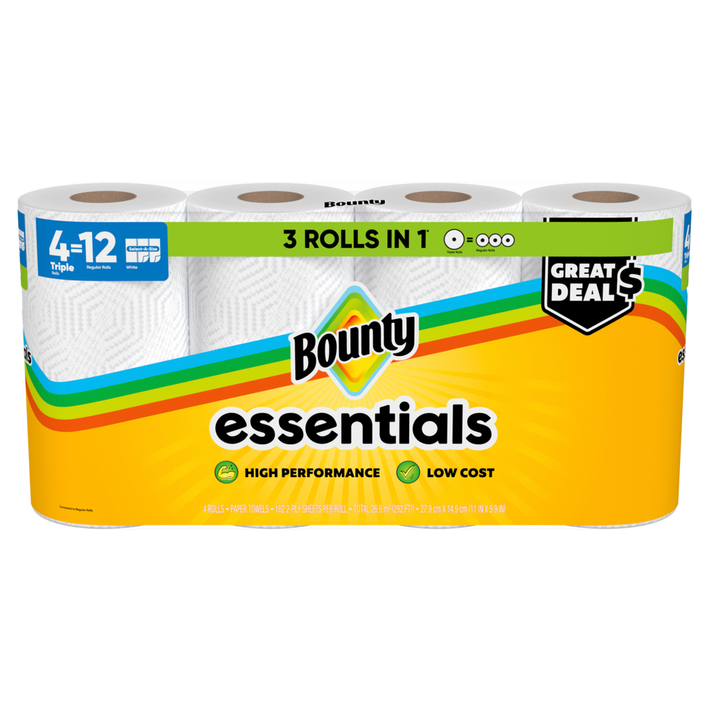 Bounty Paper Towels Essentials Select-A-Size 4 Triple Rolls White 162 Sheets Per Roll - 4ct/6pk