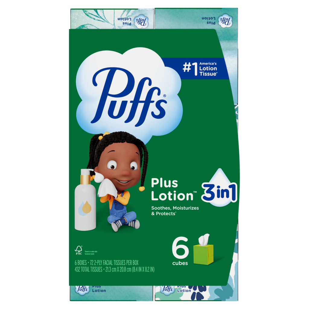 Puffs Plus Lotion Facial Tissue 6 Mega Cubes 72 Tissues Per Box - 432ct/4pk