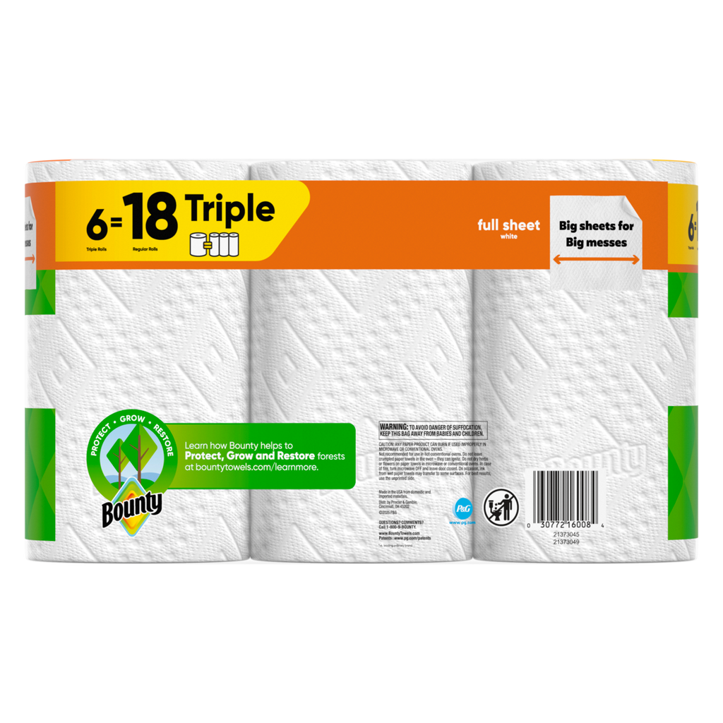 Bounty Paper Towels Full Sheet White 6 Triple Rolls 75 Sheets Per Roll - 6ct/1pk
