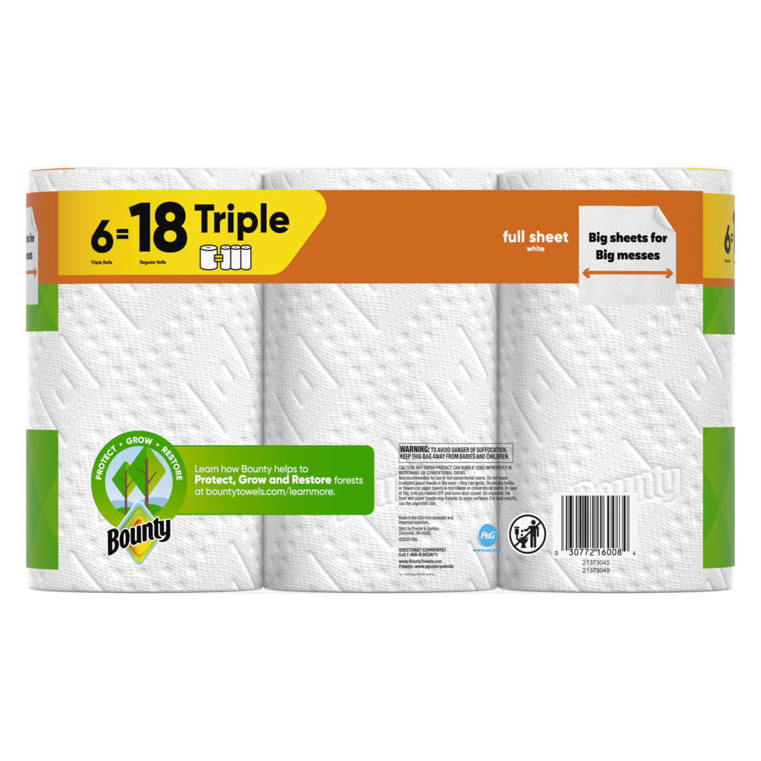 Bounty Paper Towels Full Sheet White 6 Triple Rolls 75 Sheets Per Roll - 6ct/1pk