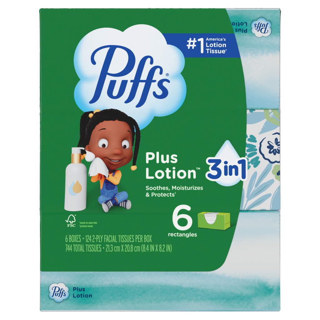 Puffs Plus Lotion Facial Tissue 6 Family Boxes 124 Tissues Per Box - 744ct/4pk