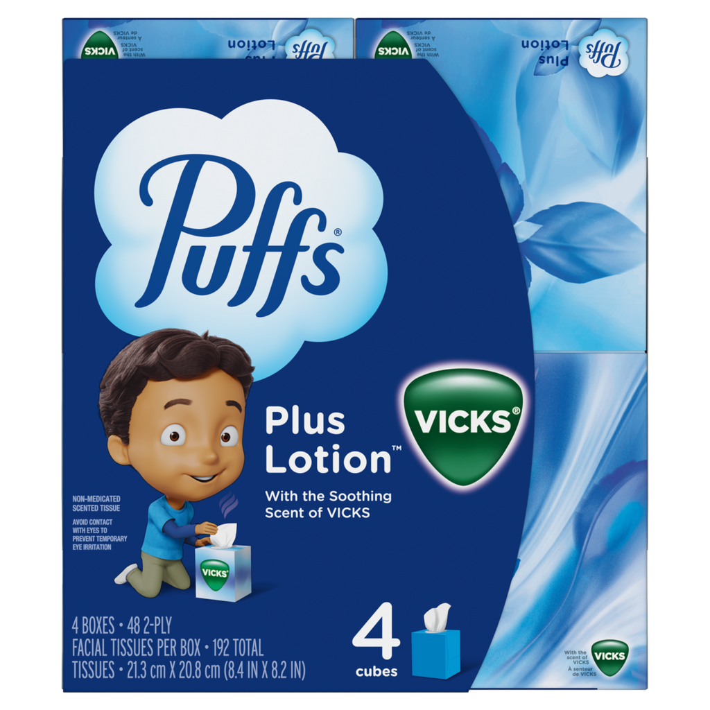 Puffs Plus Lotion With The Scent Of Vicks Facial Tissues 4 Cubes 48 Tissues Per Box - 192ct/6pk