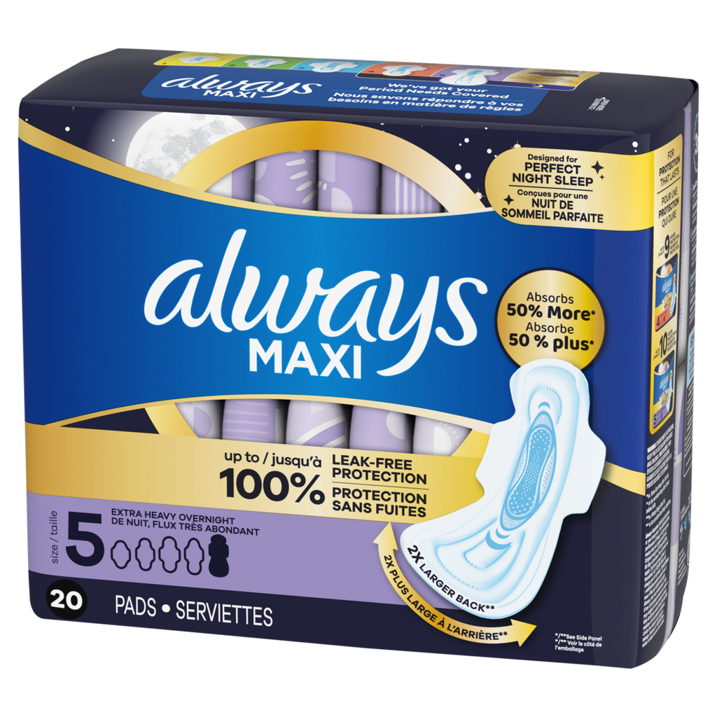 Always Maxi Overnight Pads With Wings For Women Size 5 Extra Heavy Overnight Absorbency Unscented - 20ct/6pk