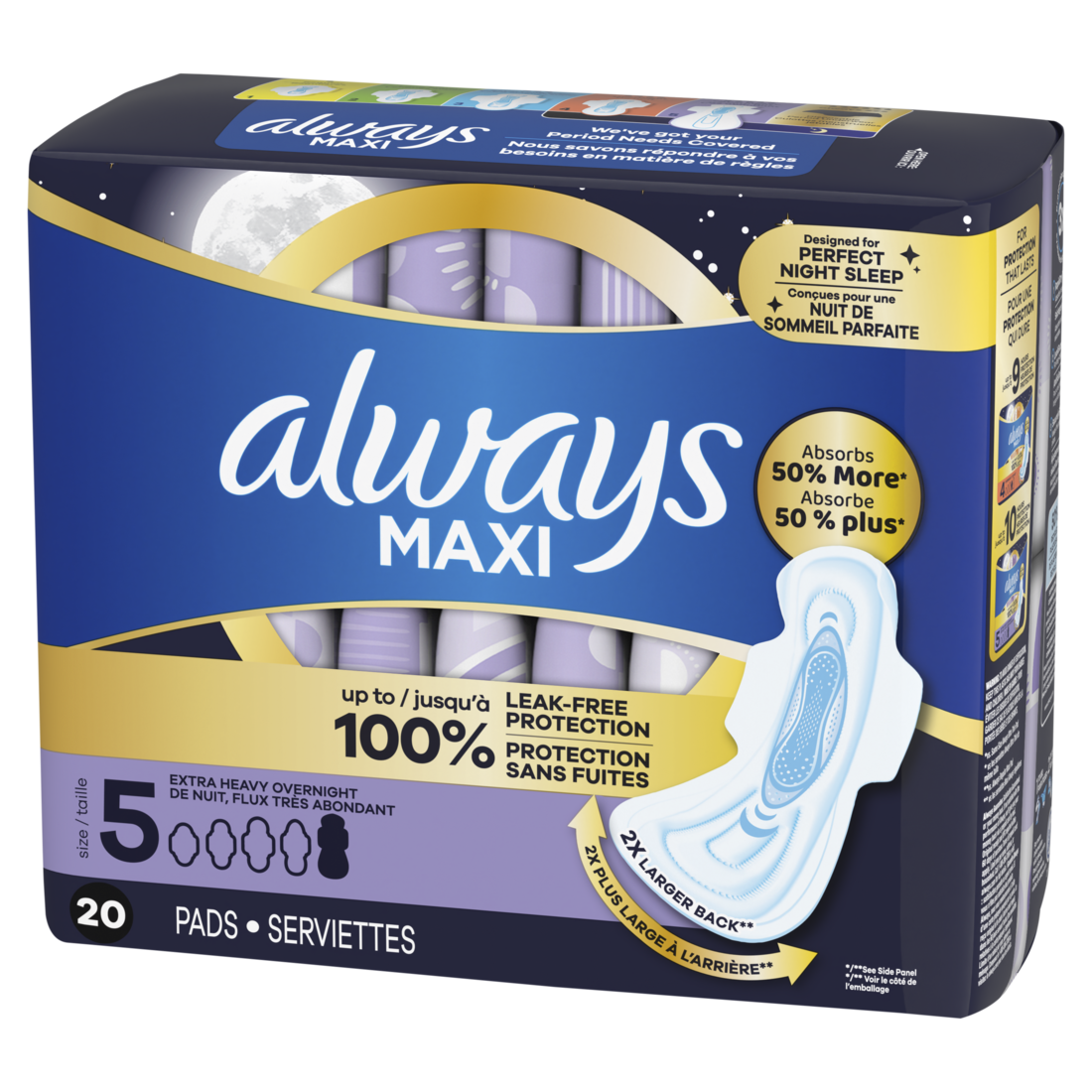 Always Maxi Overnight Pads With Wings For Women Size 5 Extra Heavy Overnight Absorbency Unscented - 20ct/6pk