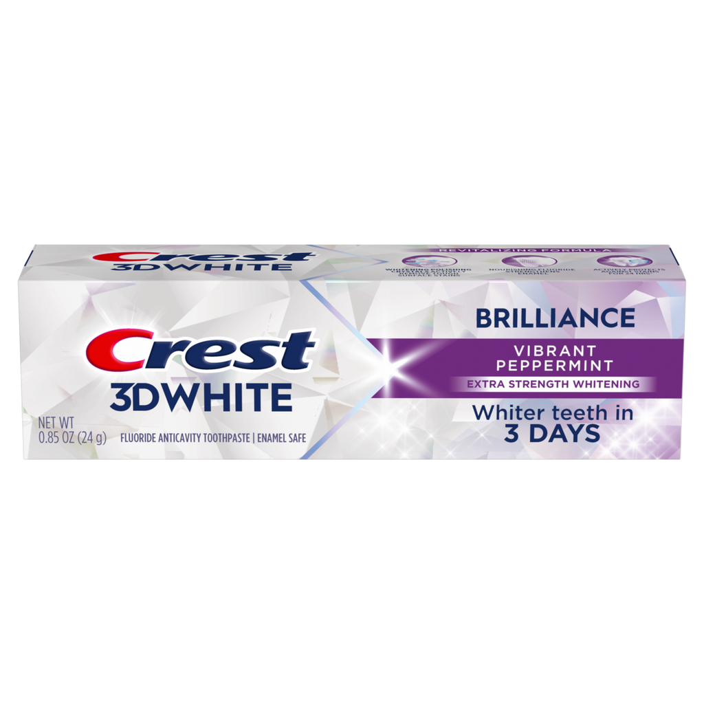 Crest 3D White Brilliance Vibrant Peppermint Teeth Whitening Toothpaste Whiter Teeth In 3 Days Anticavity Fluoride Toothpaste 100% More Surface Stain Removal 24 Hour Active Stain Prevention - 0.85oz/36pk