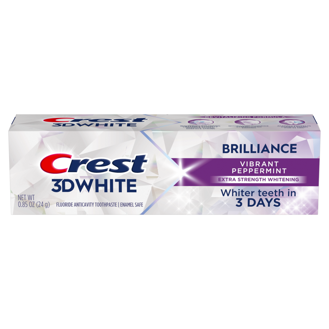 Crest 3D White Brilliance Vibrant Peppermint Teeth Whitening Toothpaste Whiter Teeth In 3 Days Anticavity Fluoride Toothpaste 100% More Surface Stain Removal 24 Hour Active Stain Prevention - 0.85oz/36pk