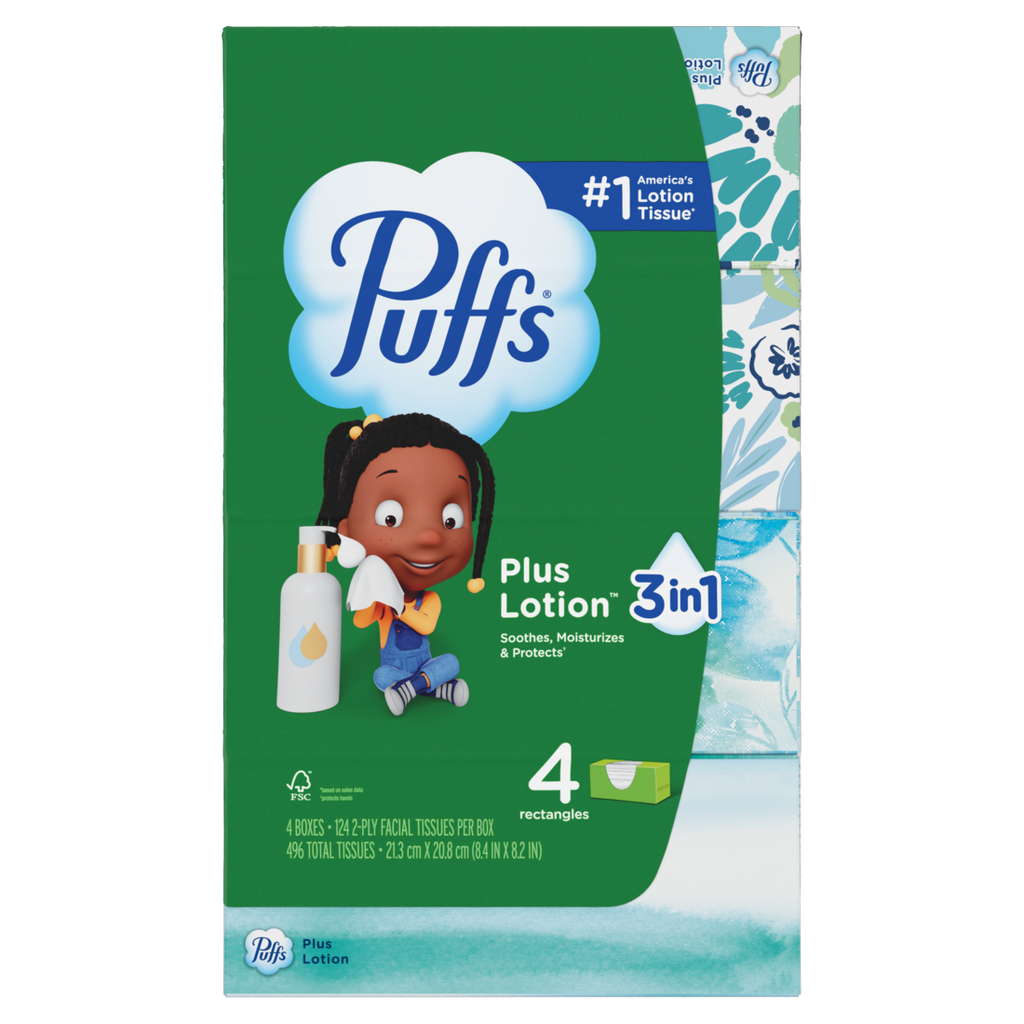 Puffs Plus Lotion Facial Tissues 4 Family Boxes 124 Tissues Per Box - 496ct/6pk