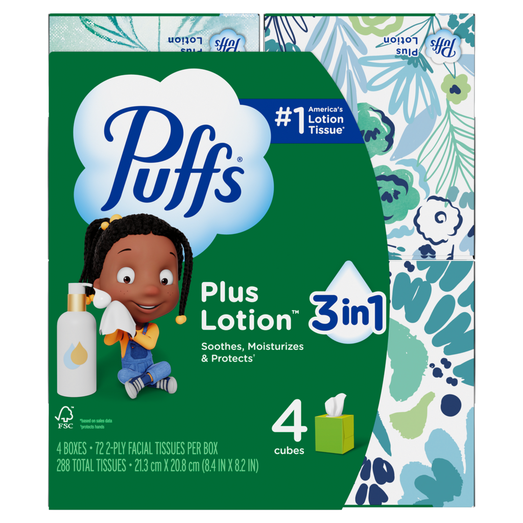 Puffs Plus Lotion Facial Tissue 4 Mega Cube Boxes 72 Tissues Per Box - 288ct/6pk