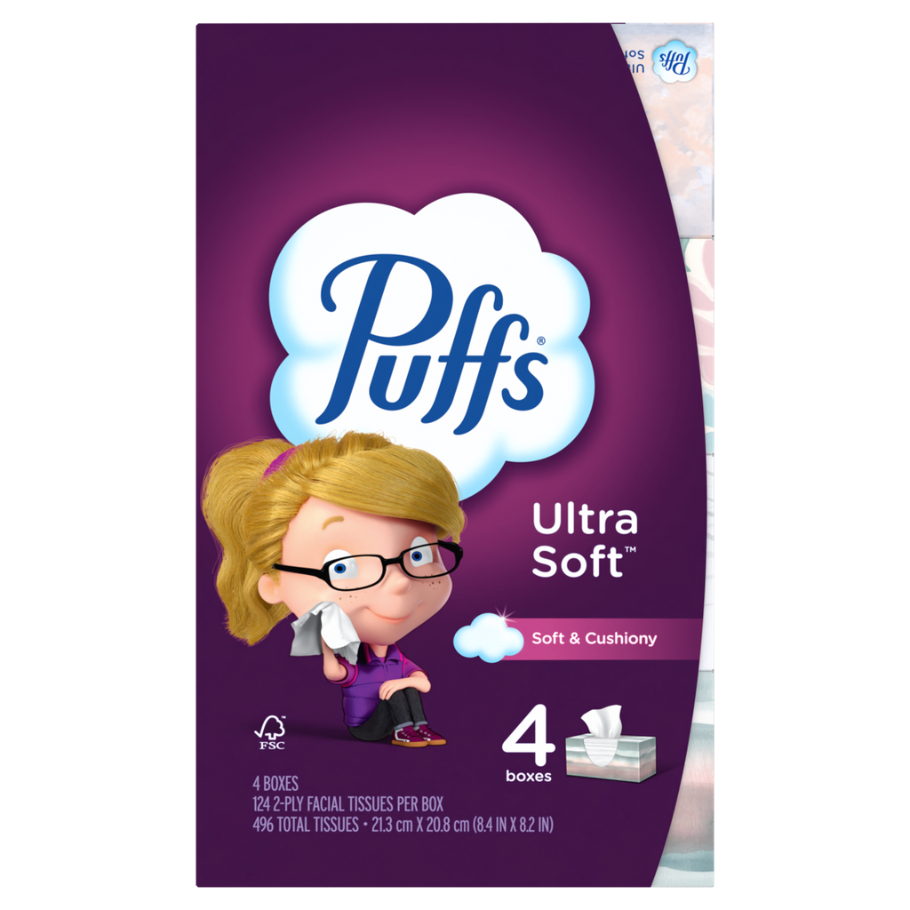Puffs Ultra Soft Facial Tissues 4 Family Size Boxes 124 Facial Tissues Per Box - 496ct/6pk