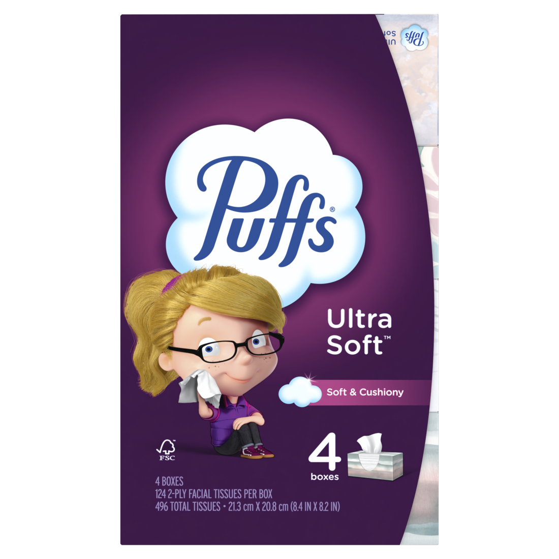 Puffs Ultra Soft Facial Tissues 4 Family Size Boxes 124 Facial Tissues Per Box - 496ct/6pk