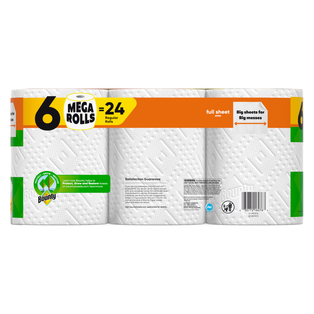 Bounty Paper Towels Full Sheet White 6 Mega Rolls 100 Sheets Per Roll - 6ct/1pk