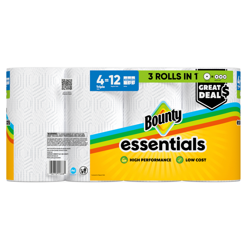 Bounty Paper Towels Essentials Select-A-Size 4 Triple Rolls White 162 Sheets Per Roll - 4ct/6pk