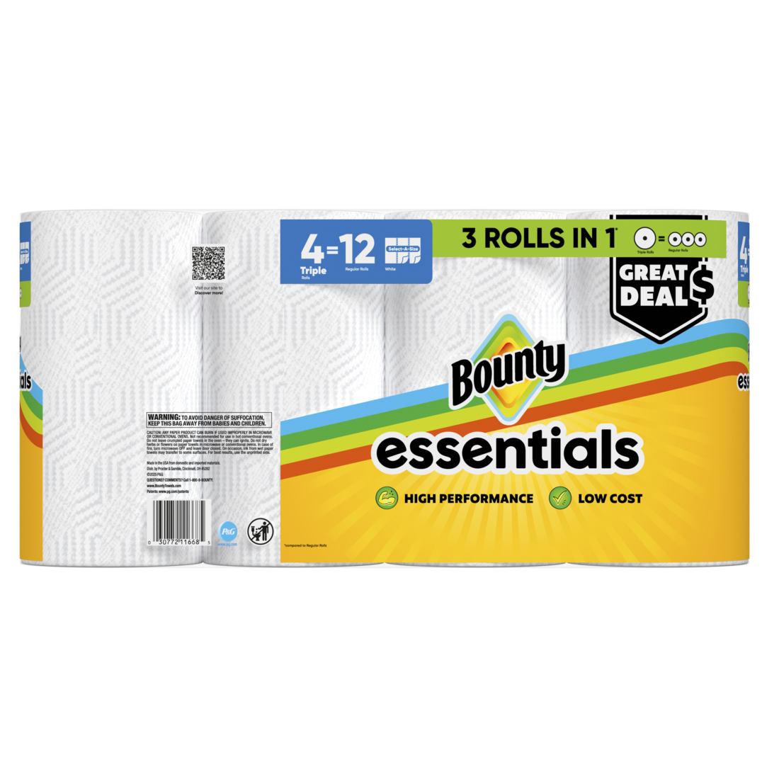 Bounty Paper Towels Essentials Select-A-Size 4 Triple Rolls White 162 Sheets Per Roll - 4ct/6pk