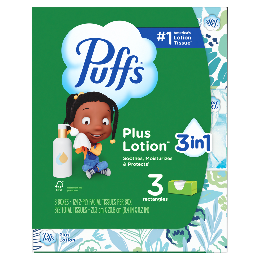 Puffs Plus Lotion Facial Tissue 3 Family Boxes 124 Tissues Per Box - 372ct/8pk