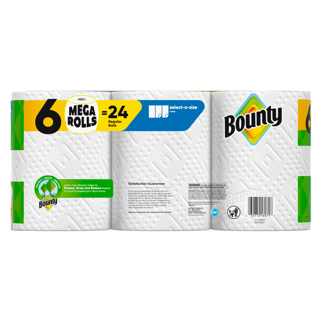 Bounty Paper Towels Select-A-Size White 6 Mega Rolls 164 Sheets Per Roll - 6ct/1pk