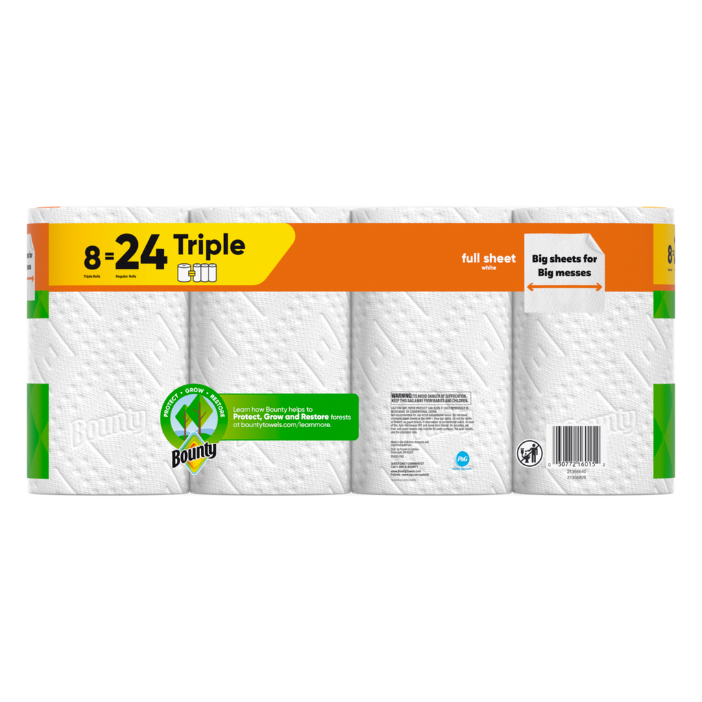 Bounty Paper Towels Full Sheet White 8 Triple Rolls 75 Sheets Per Roll - 8ct/1pk