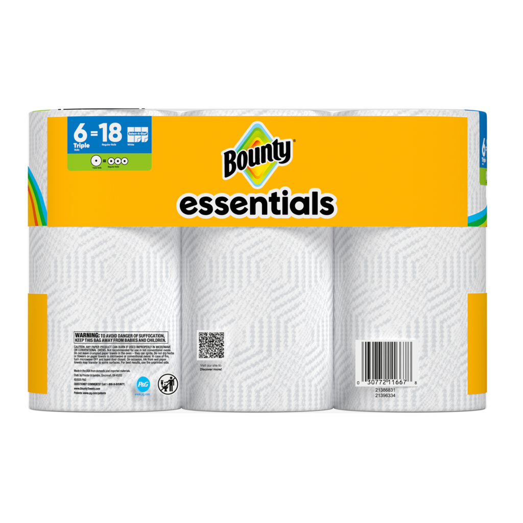Bounty Paper Towels Essentials Select-A-Size 6 Triple Rolls White 162 Sheets Per Roll - 6ct/1pk