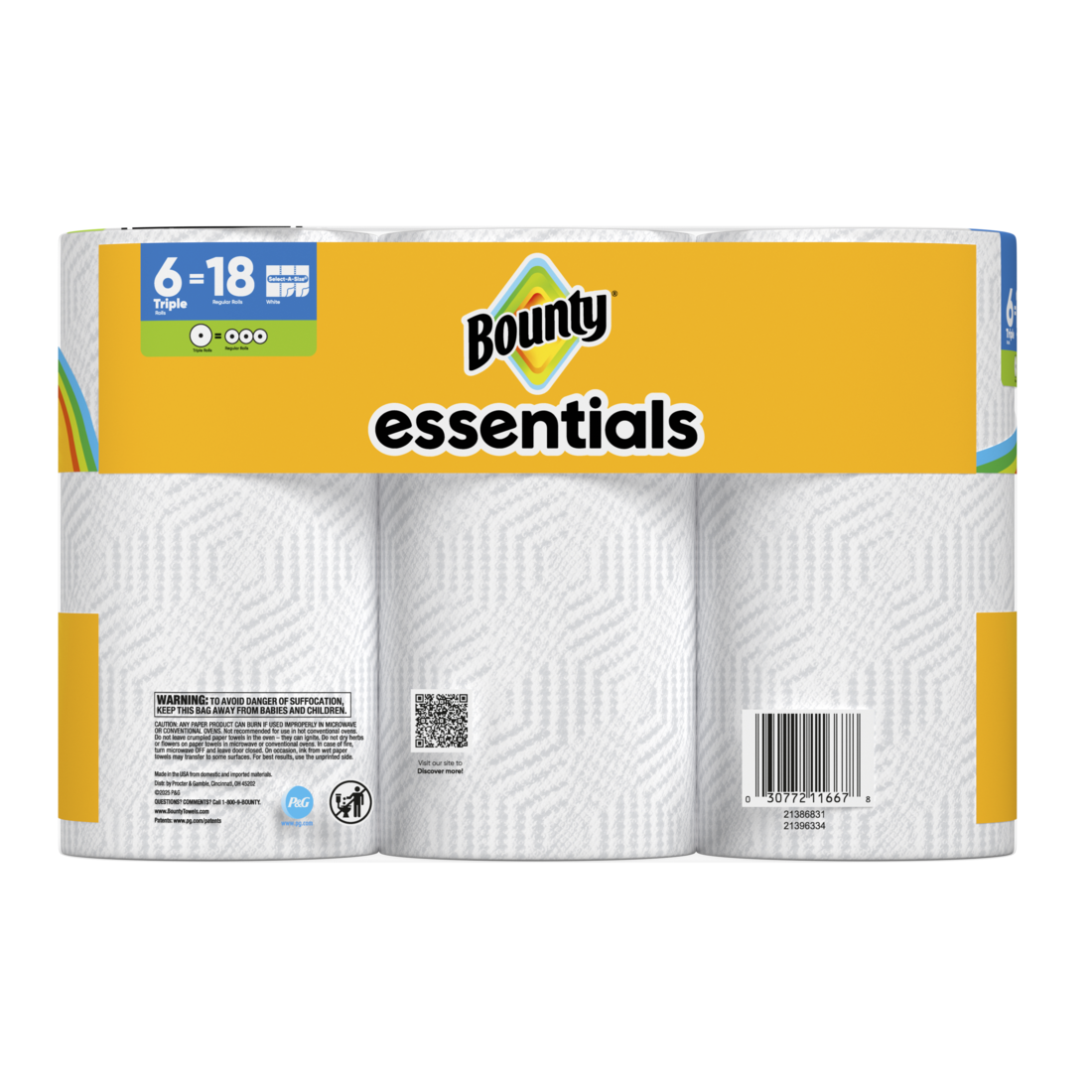 Bounty Paper Towels Essentials Select-A-Size 6 Triple Rolls White 162 Sheets Per Roll - 6ct/1pk