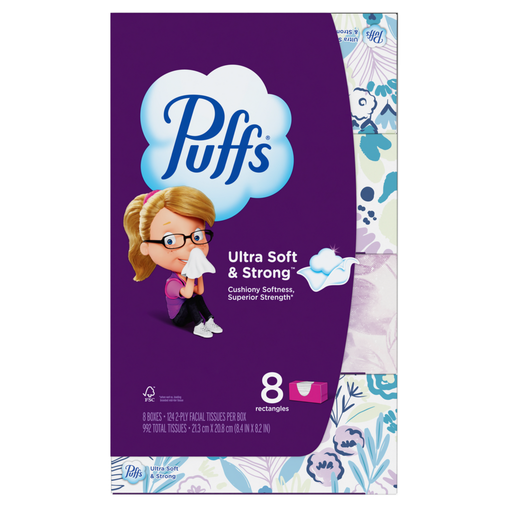 Puffs Ultra Soft Facial Tissues 8 Family Size Boxes 124 Facial Tissues Per Box - 992ct/4pk
