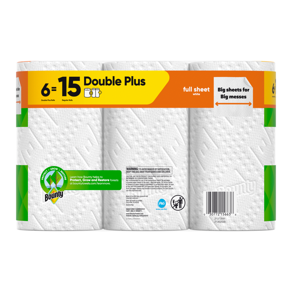 Bounty Paper Towels Full Sheet White 6 Double Plus Rolls 63 Sheets Per Roll - 6ct/1pk