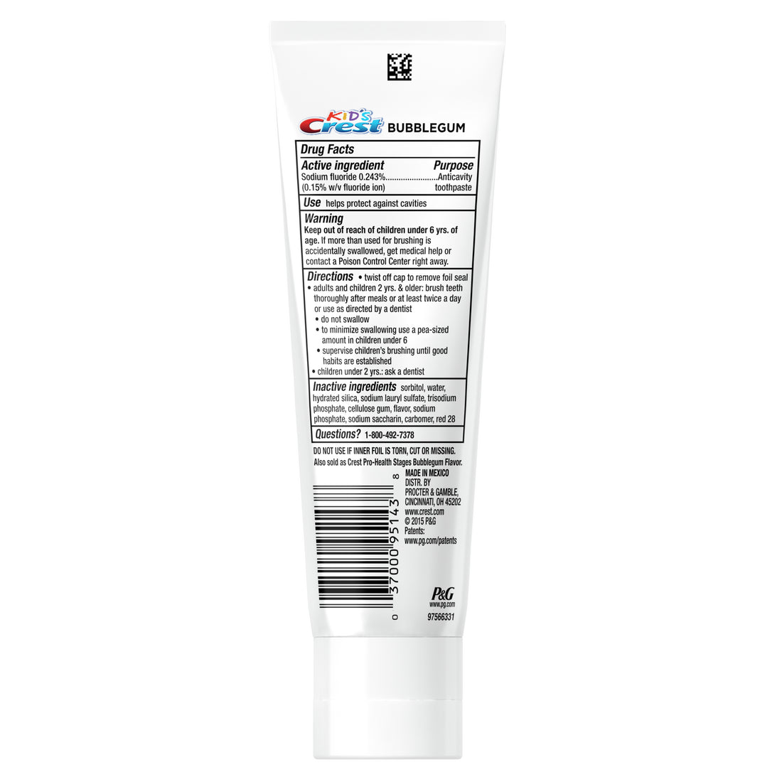 Kid's Crest Cavity Protection Bubblegum Flavor Toothpaste Gel Formula - 4.2oz/6pk